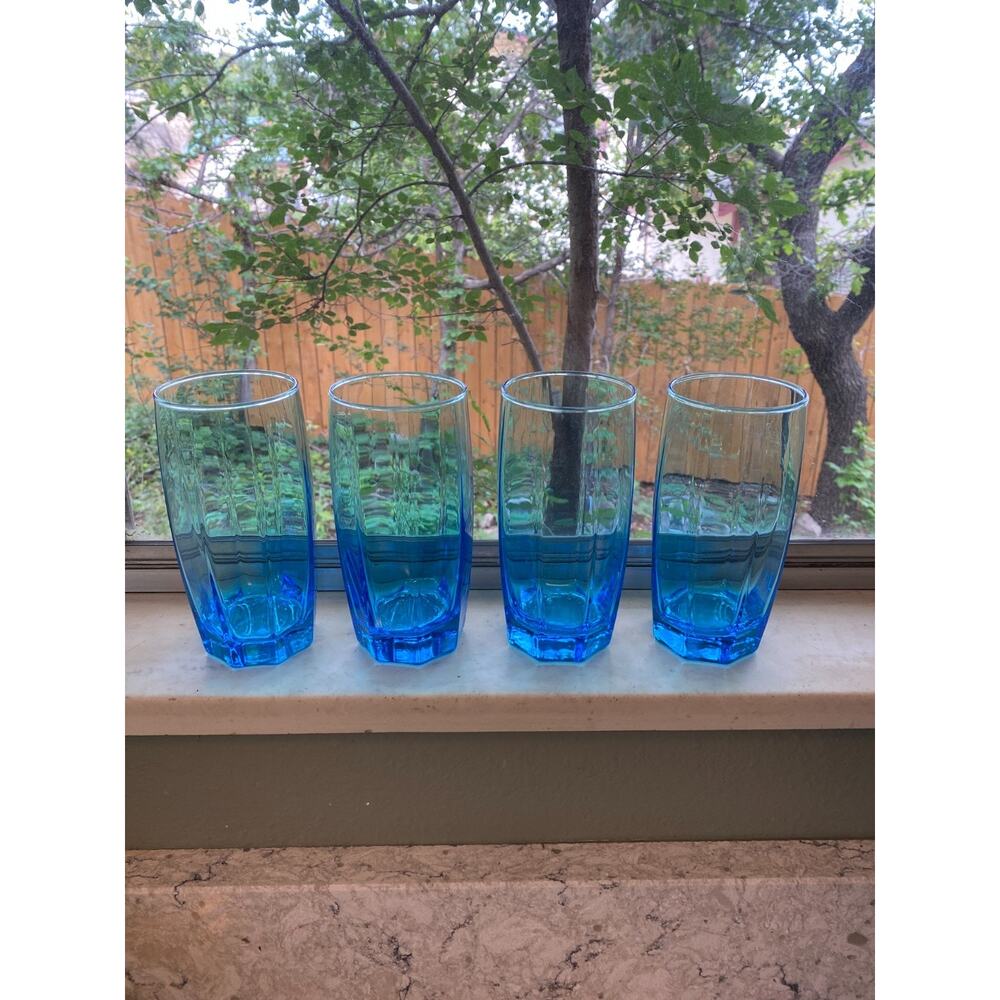 Vintage Set of 4 Cristar Amadeus Sky Blue Octagon Tumblers Blue Glasses 16 oz - Picture 9 of 9